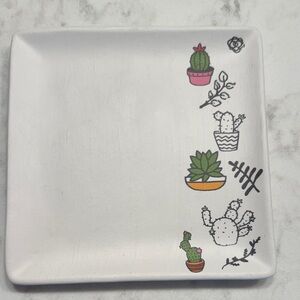 Decorative White Ceramic Plate with Cactus Design
